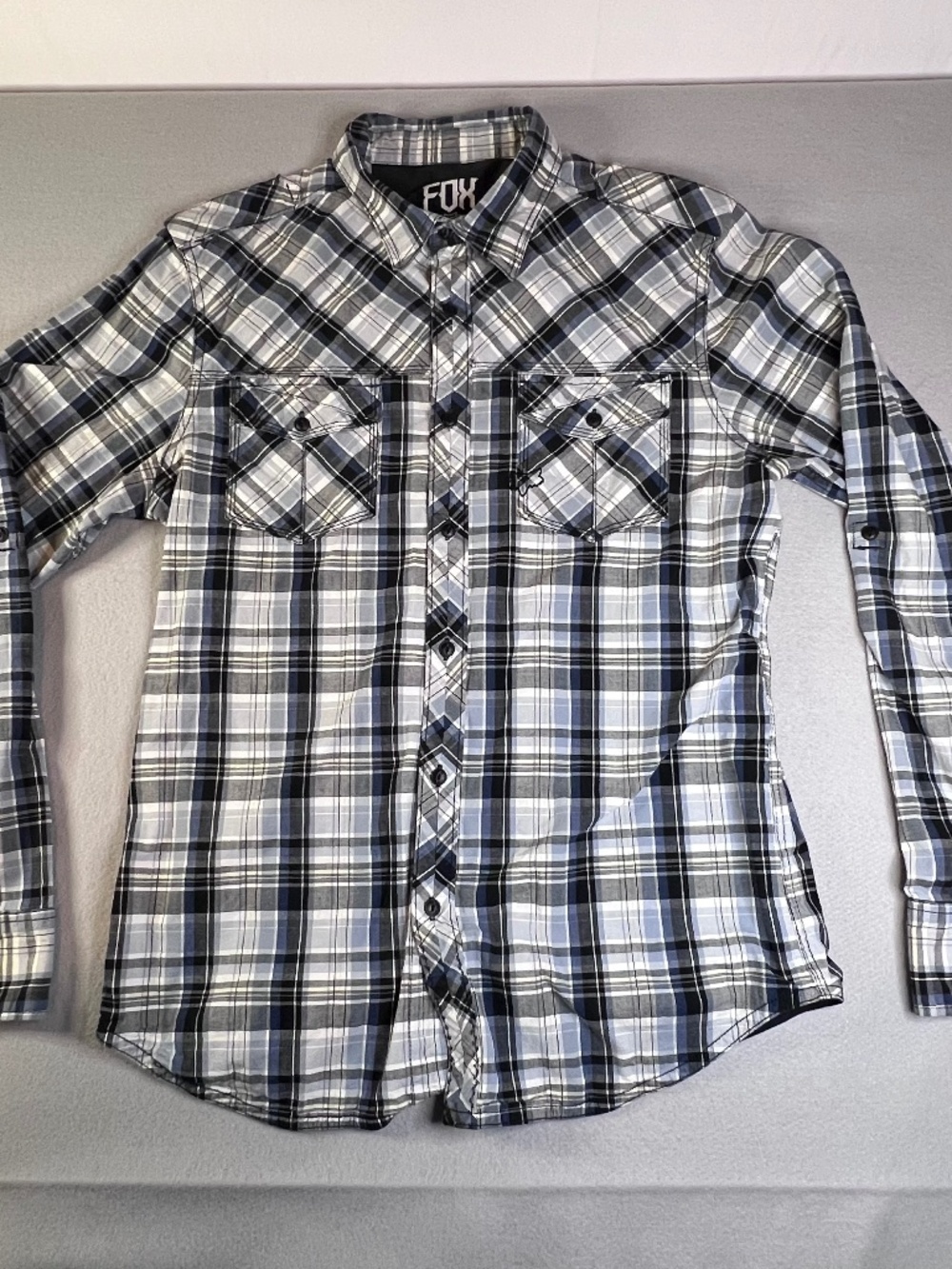 Fox Racing Button Up Shirt Men’s Slim Fit Striped Blue Gray Long Sleeve L Y2K